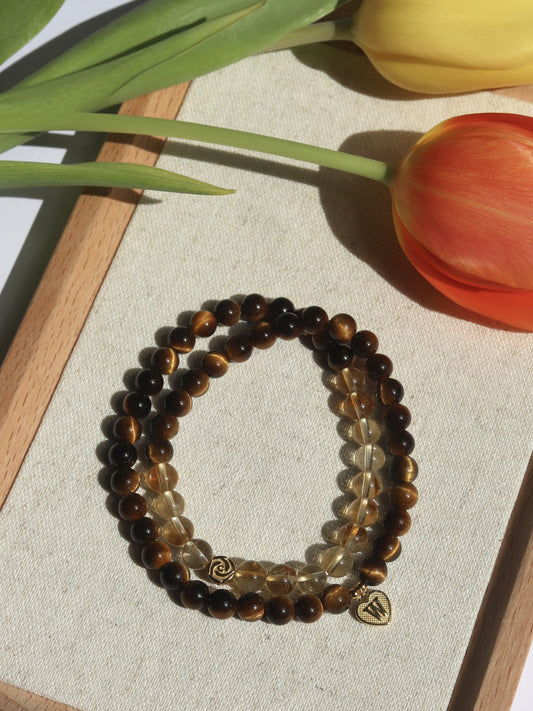 【Element Metall】Tigerauge & Citrin Doppelarmband|Mit Namensanhänger
