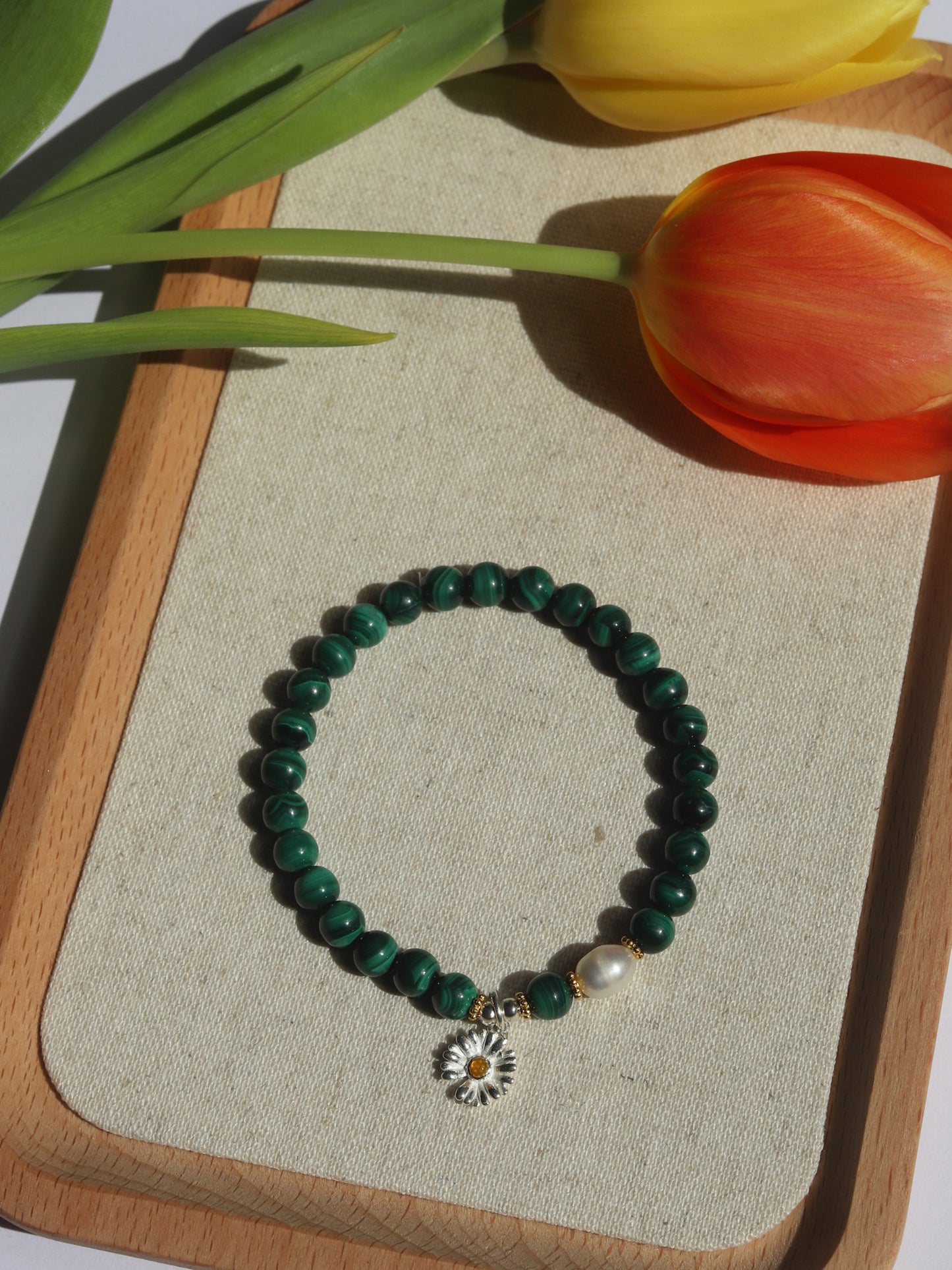 【Element Holz】Malachit & Gänseblümchen Armband|Fünf-Elemente-Energie