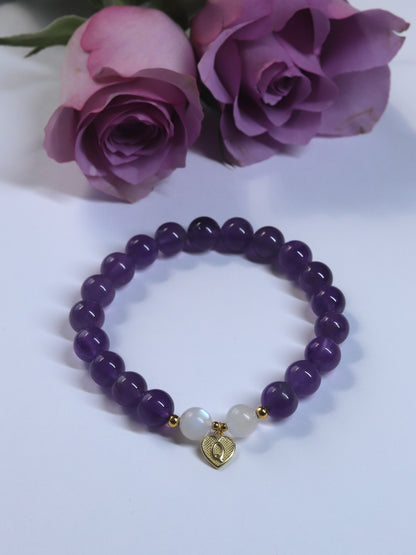 Handgemacht | Armband mit Mondstein & Amethyst – S925 Silber Namensanhänger