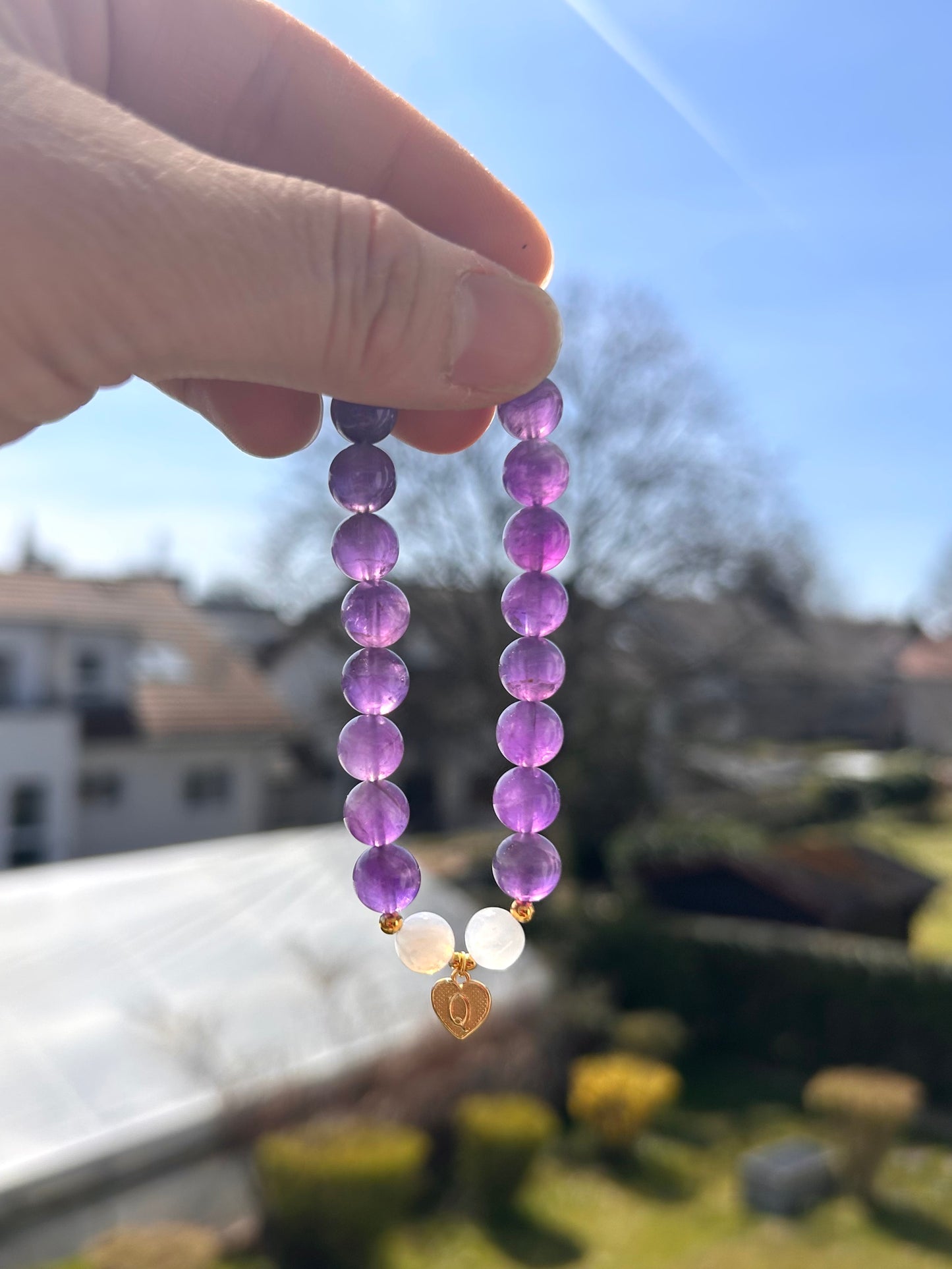 Handgemacht | Armband mit Mondstein & Amethyst – S925 Silber Namensanhänger
