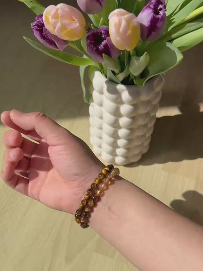 【Element Metall】Tigerauge & Citrin Doppelarmband｜Mit Namensanhänger